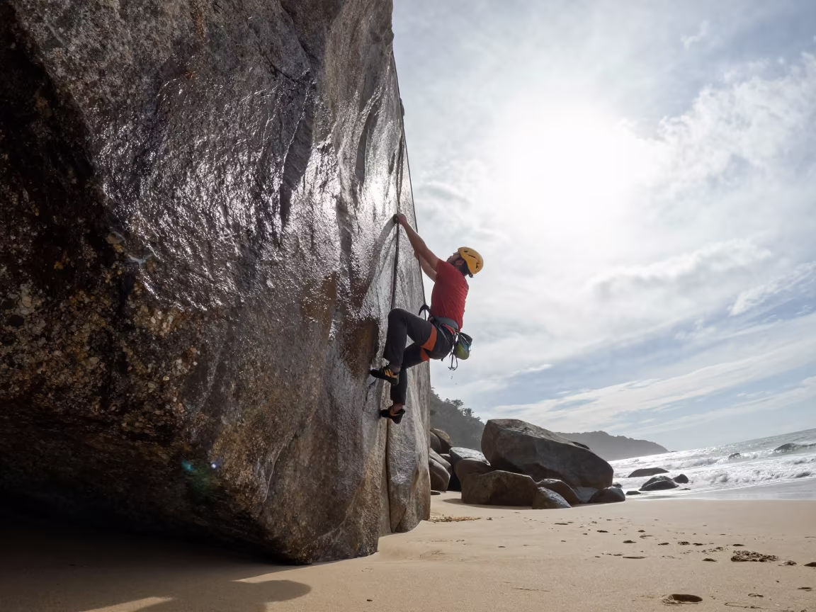 Free Solo Climber Granite Wall Coastal Monsoon in along a beach near Berat