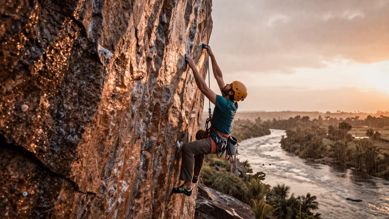 Free Solo Climber on Granite Wall by River at Dusk in by a riverbank near Ica