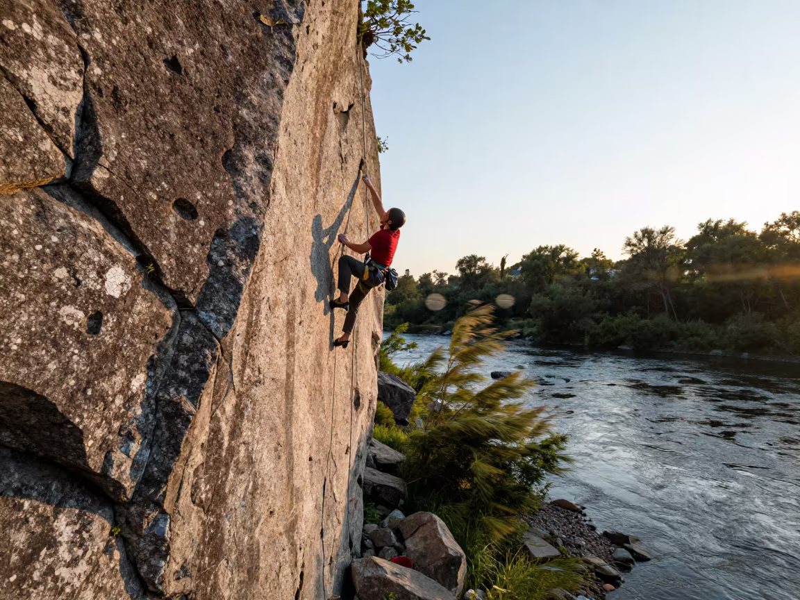 Free Solo Climber on Granite Wall at Sunrise in by a riverbank near Markham