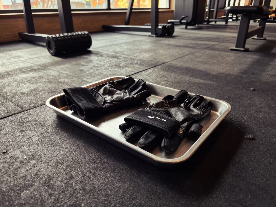 Free weight glove tray before class in Poznan in inside a recovery lounge beside foam rollers in Poznan