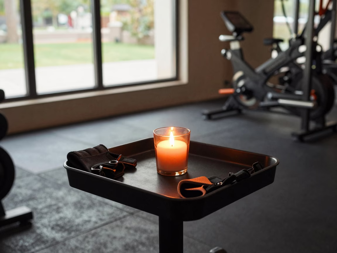 Free Weight Gloves on Tray in Uşak Spin Studio in inside a spin studio under class lights in Uşak