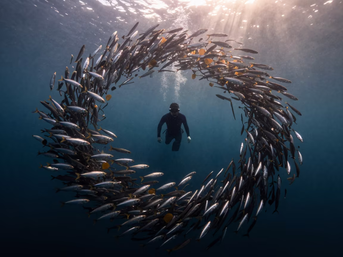 Freediver Surrounded by Autumn Bait Ball Near Osaka in near Osaka