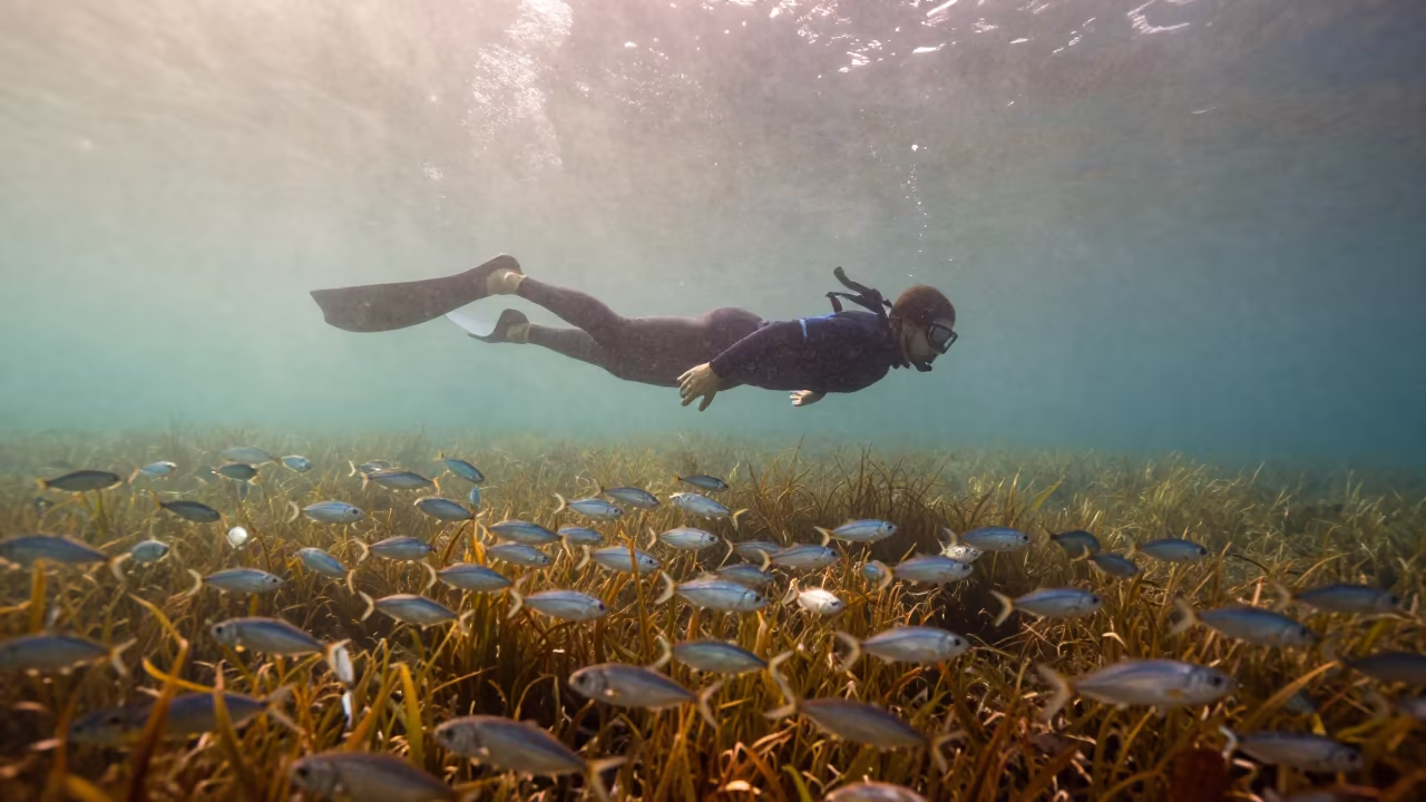 Freediver Amidst Bait Ball in Sardinian Seagrass in above a seagrass meadow in Sardinia