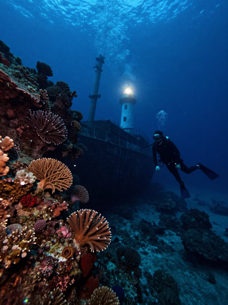 Freediver Beside Coral Reef Shipwreck at Midnight in beside a volcanic reef overhang near Stone Town