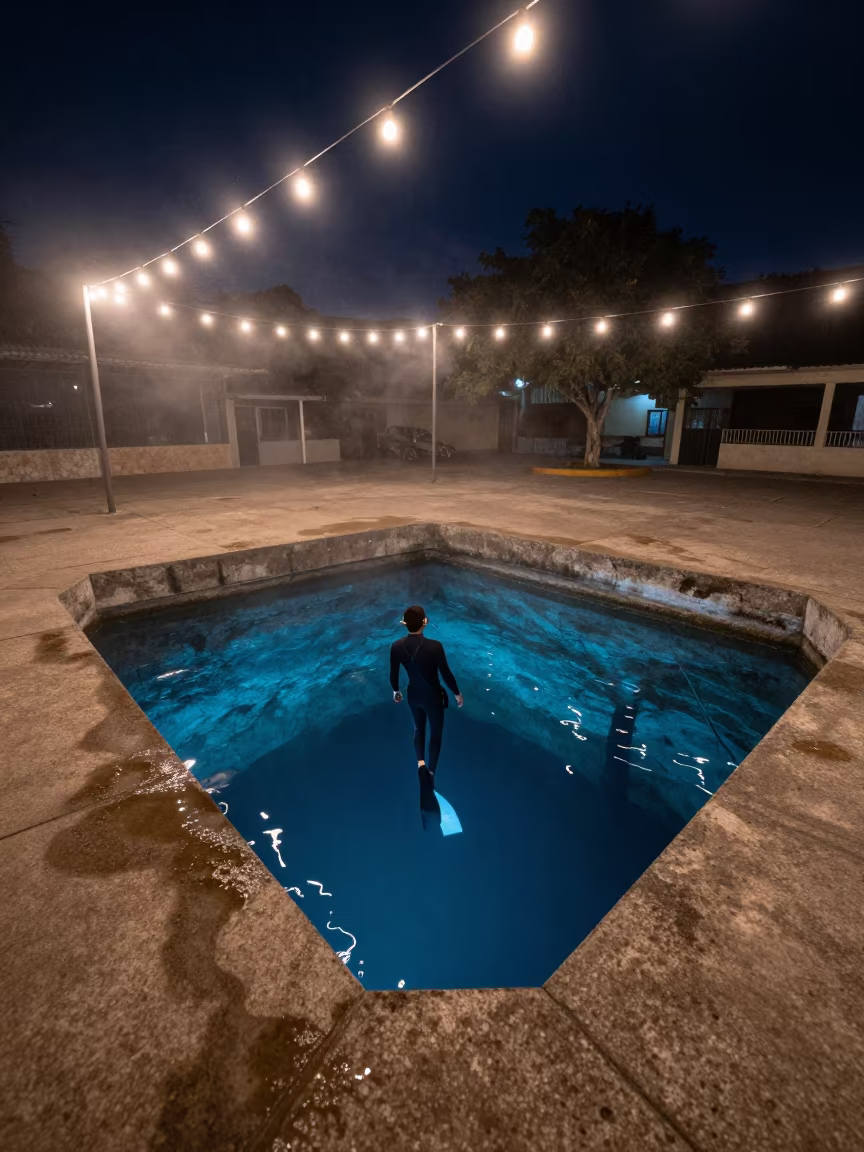 Freediver in Blue Cenote at Night in San-Pédro in at a public square in San-Pédro
