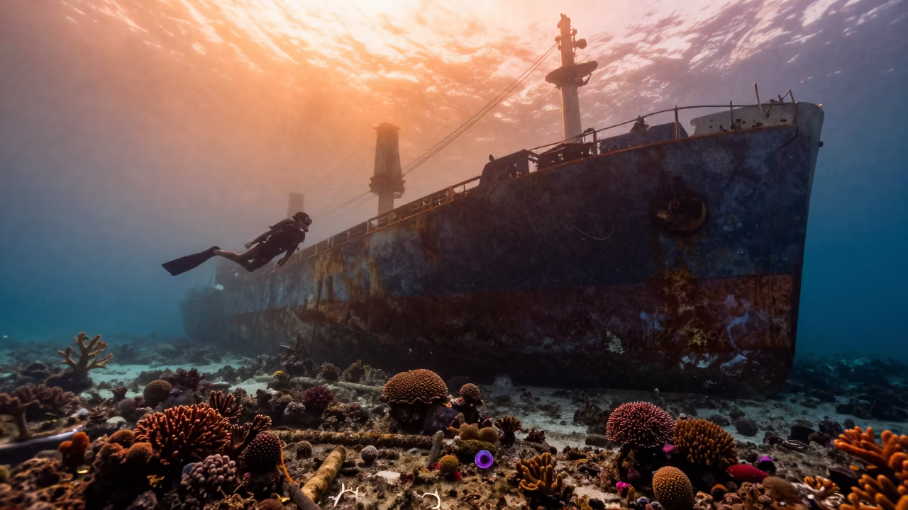 Freediver on Coral Overgrown Cargo Ship in beside a reef crevice under clear water near Denpasar