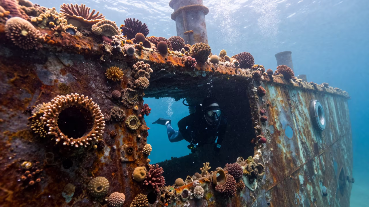 Freediver Among Coral Overgrown Shipwreck in beneath a reef ledge in tropical shallows near Cebu