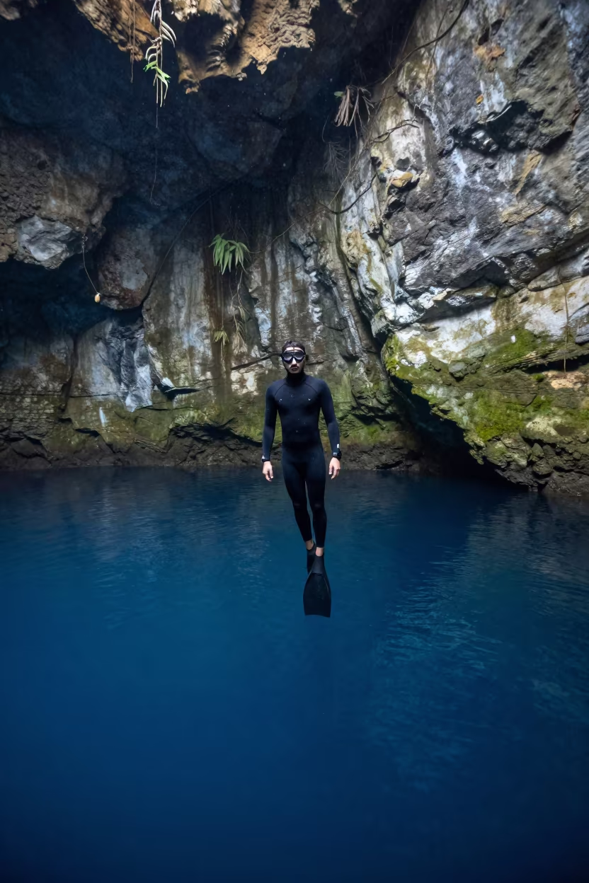 Freediver Descending into Blue Cenote After Rain in near Gujrat