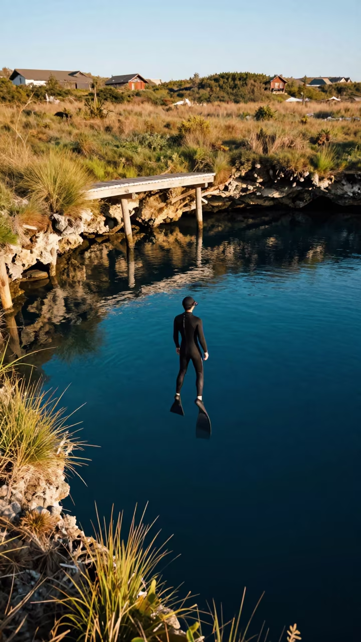 Freediver Descending into Blue Cenote Anchorage in near a riverside landing in Anchorage