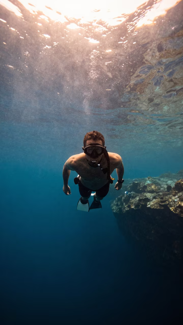 Freediver Descending Into Blue Cenote at Dawn in in Parma