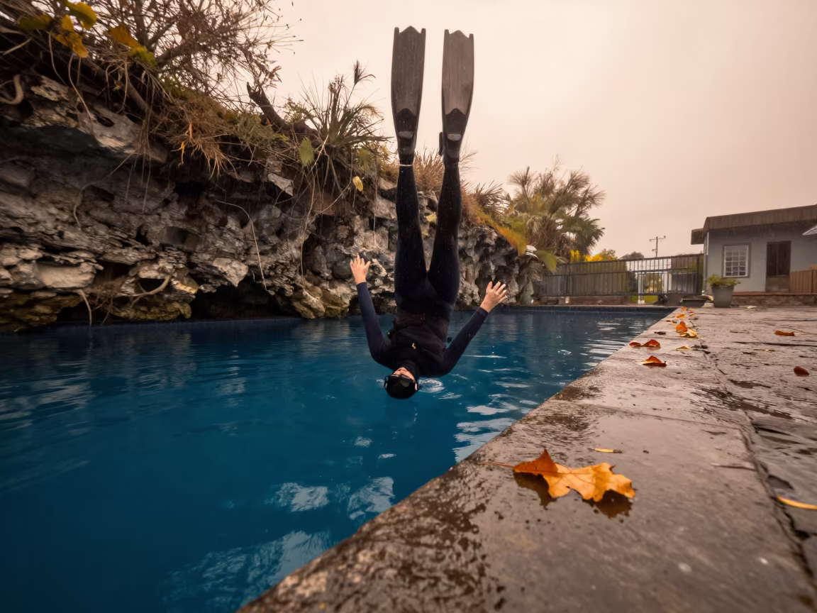 Freediver Descending Into Blue Cenote Evening in beside a canal in La Banda, Santiago del Estero
