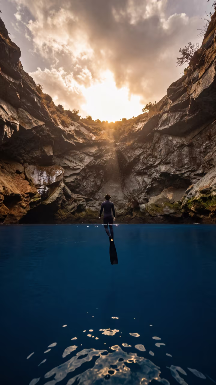 Freediver Descending Into Blue Cenote at Golden Hour in in Mostaganem