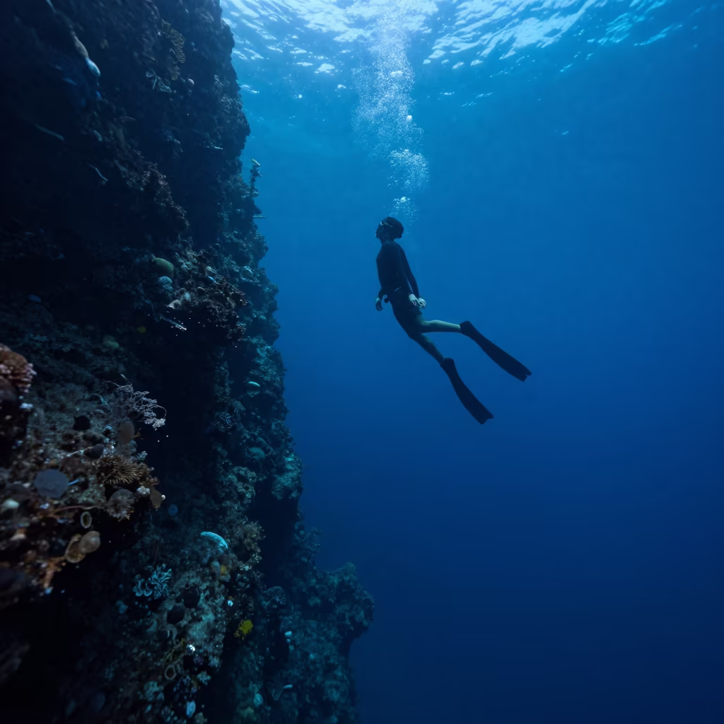 Freediver Descending Blue Reef Wall Twilight in beneath a reef ledge in tropical shallows near Denpasar