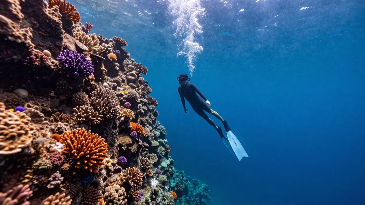 Freediver Descending Along Coral Reef Wall in Blue Water in along a coral wall with blue water beyond near Cebu