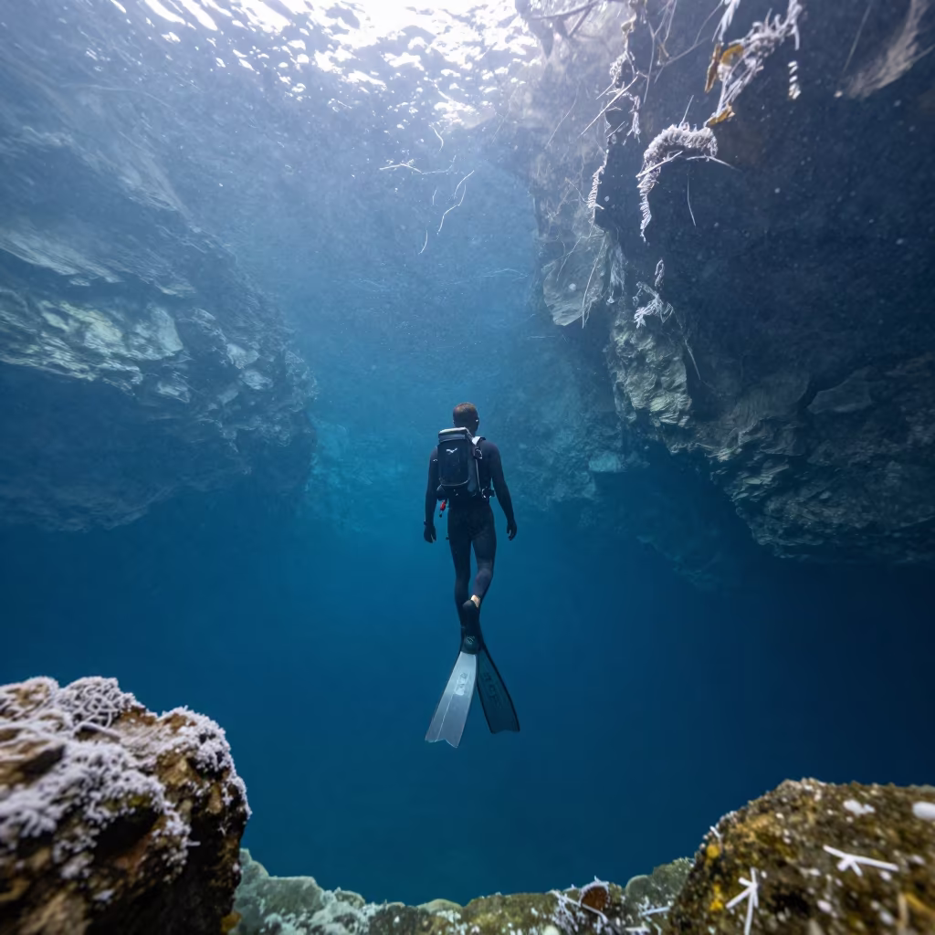 Freediver Descending Into Xian Cenote in in Xian