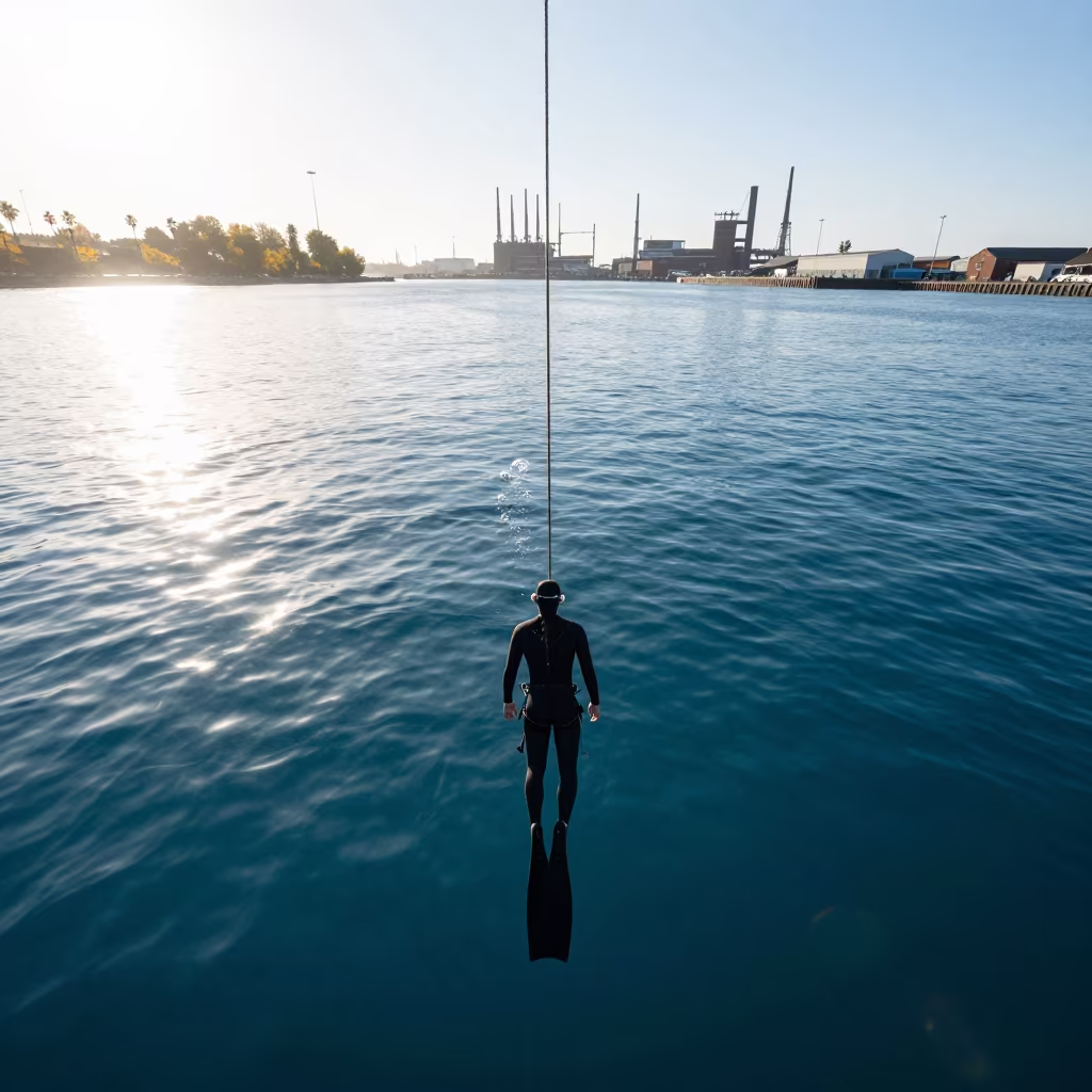 Freediver Descending Rope in Hamburg Harbor Water in in Altona, Hamburg