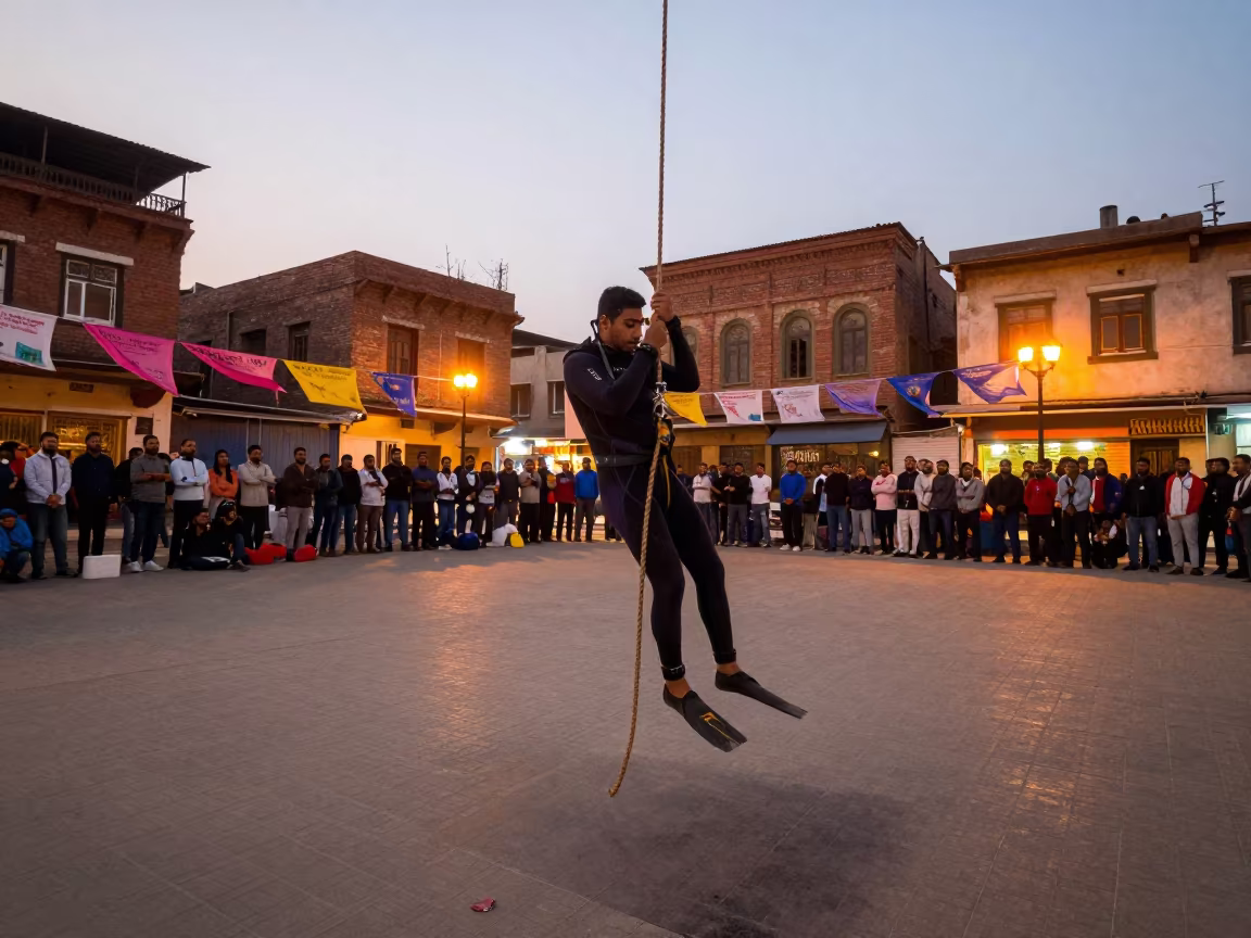 Freediver Descending Rope in Mirpur Khas Square in at a public square in Mirpur Khas