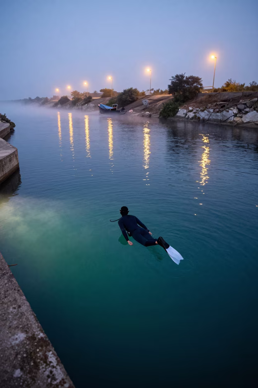 Freediver Descends Into Blue Cenote Before Dawn in near a riverside landing in Beira