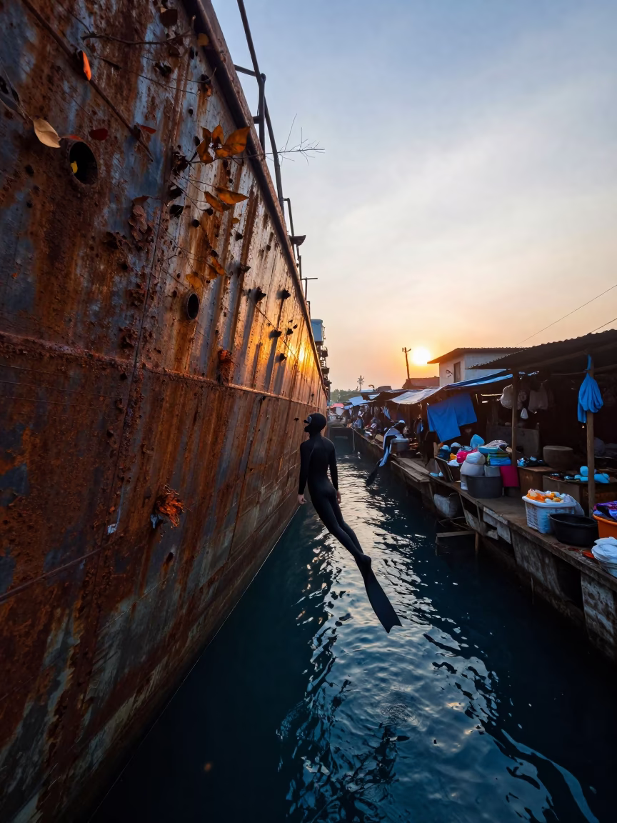 Freediver Descends Shipwreck in Dhaka Market Sunset in along a market lane in Gulshan, Dhaka