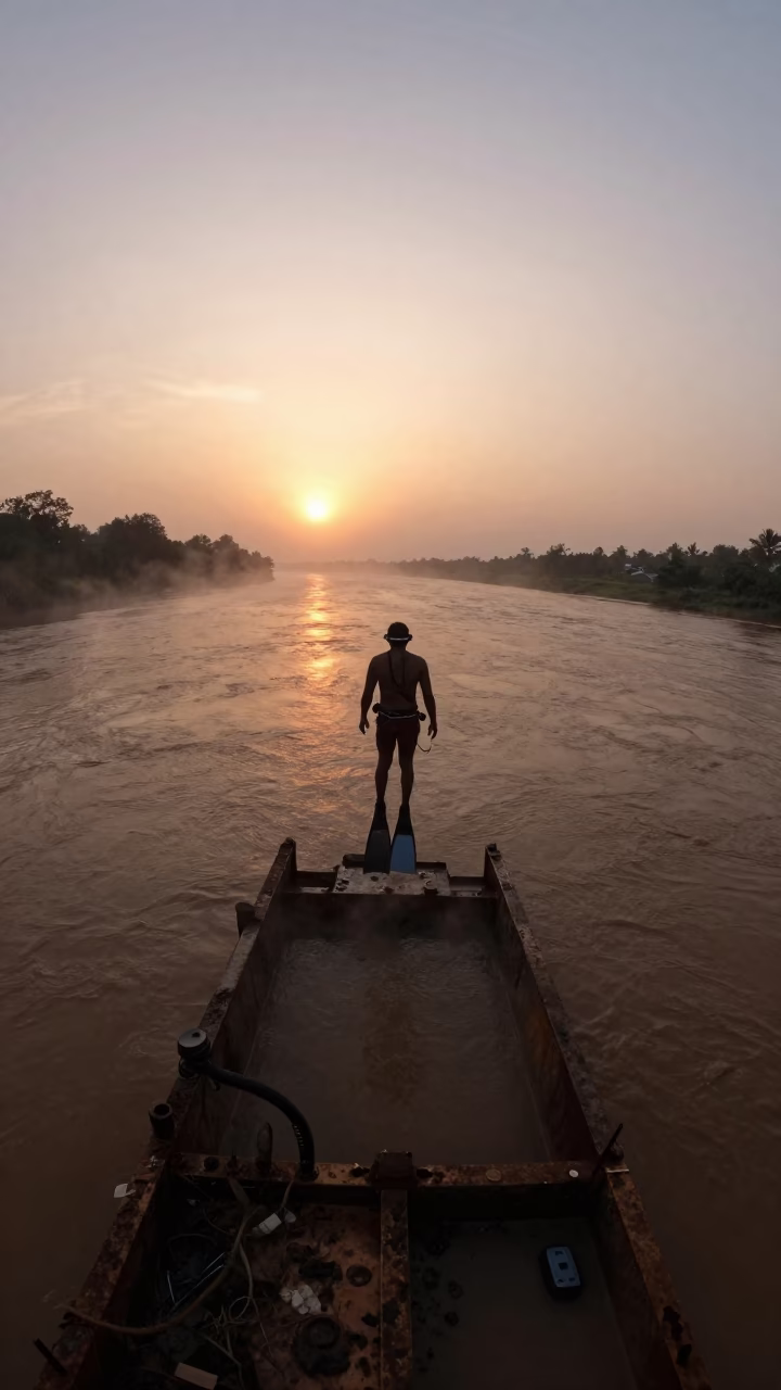 Freediver Descends Shipwreck in Kitwe Sunset Light in in Kitwe