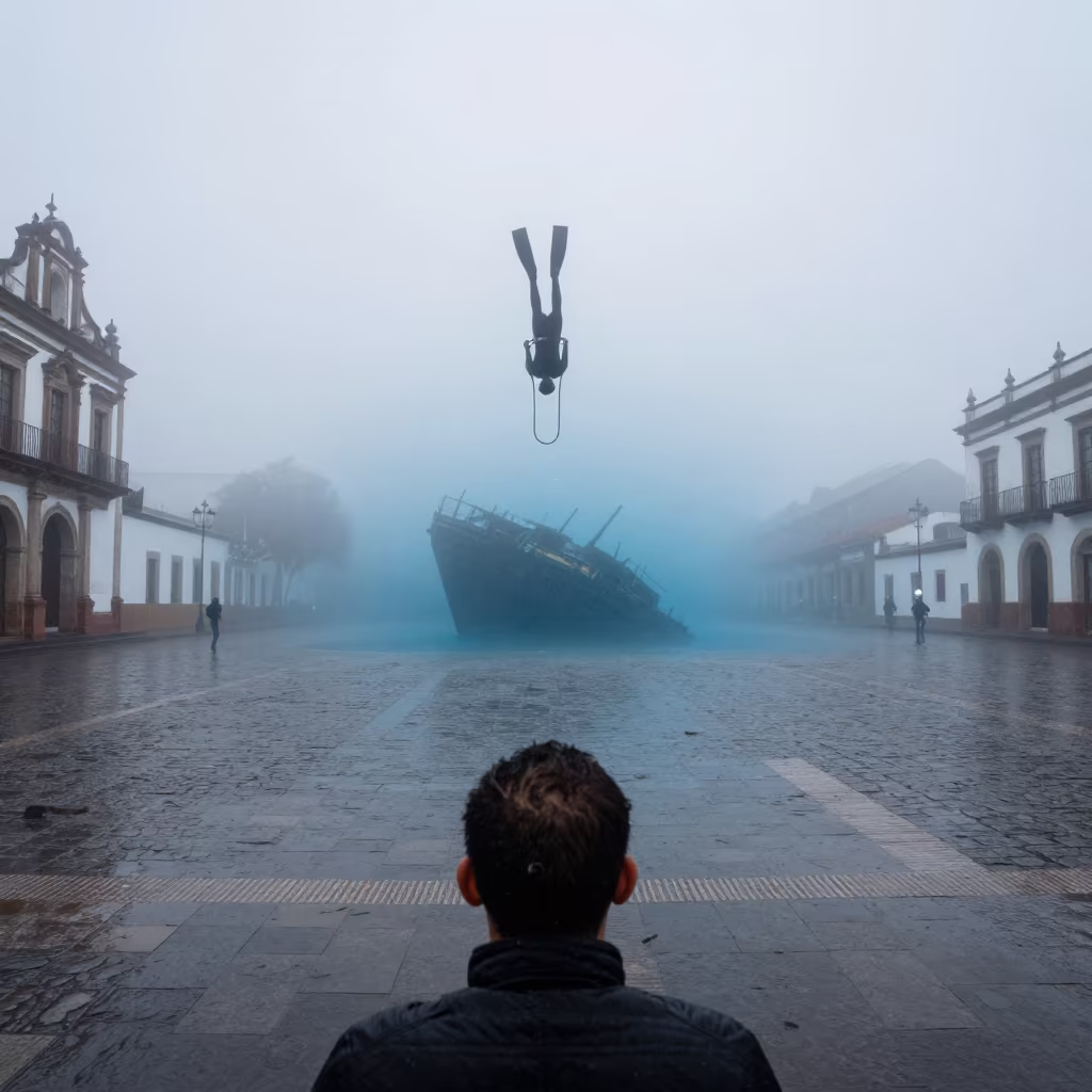 Freediver Descends Toward Shipwreck in Oruro Square Fog in at a public square in Oruro