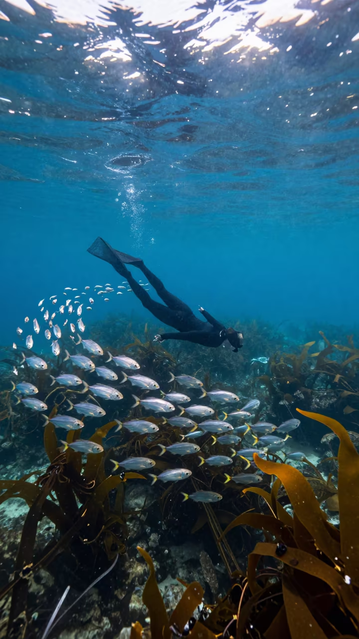 Freediver Drifting Through Kelp Forest at Bondi in through a forest of kelp fronds near Bondi, Sydney