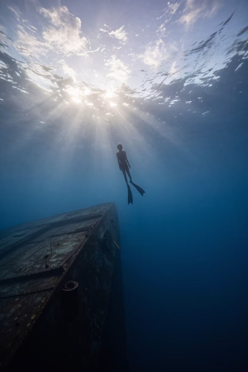 Freediver Glides to Shipwreck Under São Paulo Dawn in in São Paulo