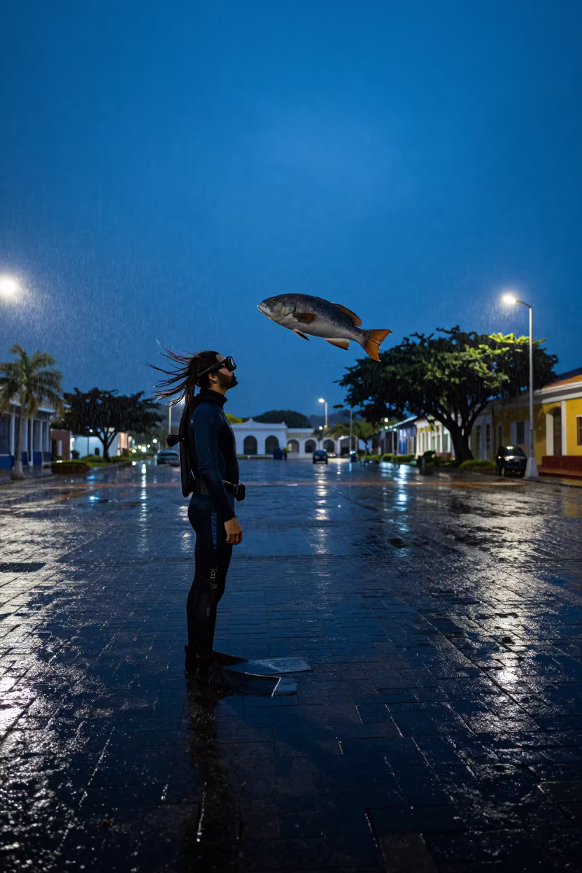 Freediver and Napoleon Wrasse in Maracay Square in at a public square in Maracay