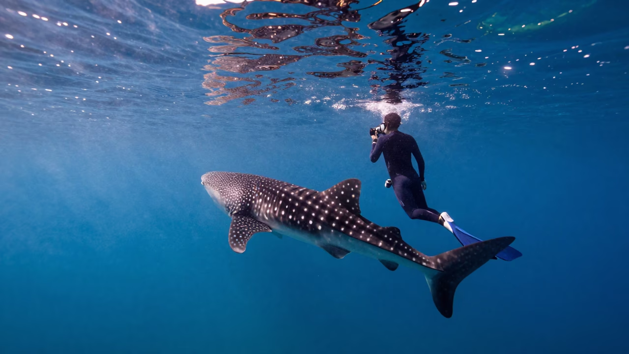 Freediver Photographing Whale Shark from Below in near Miramar, Havana