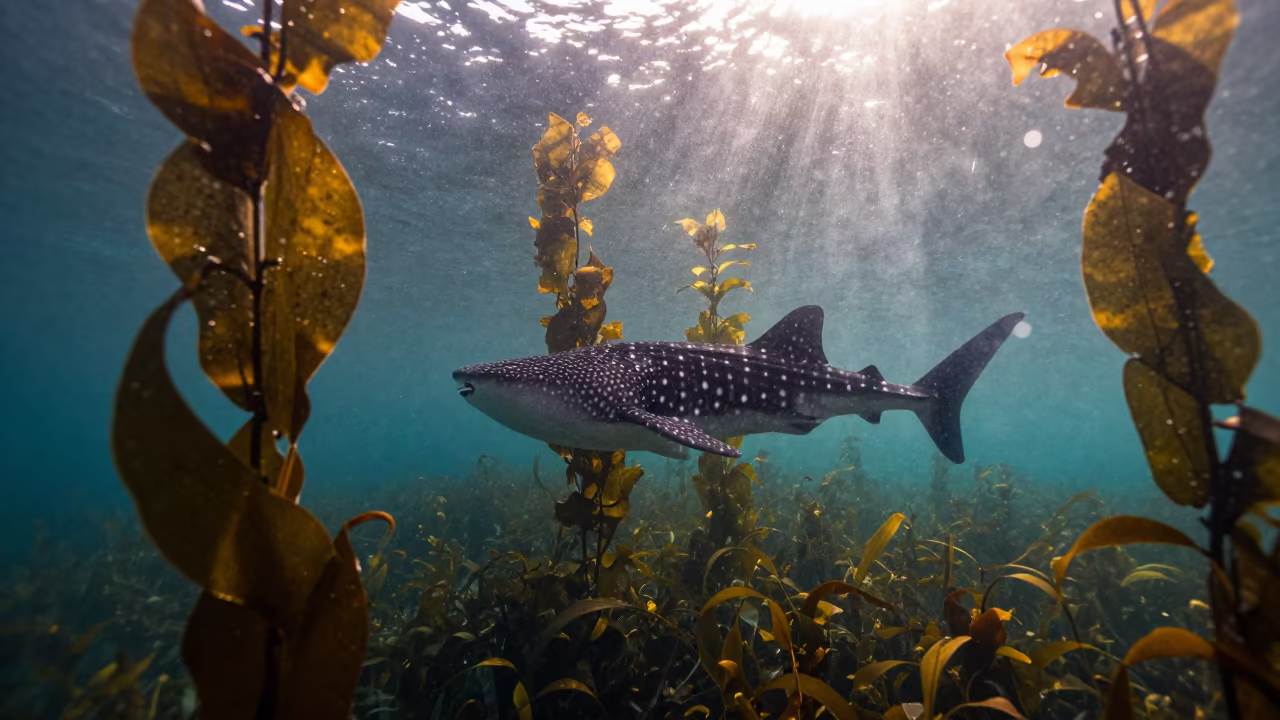 Freediver Photographs Whale Shark Through Kelp in through a forest of kelp fronds in Goa