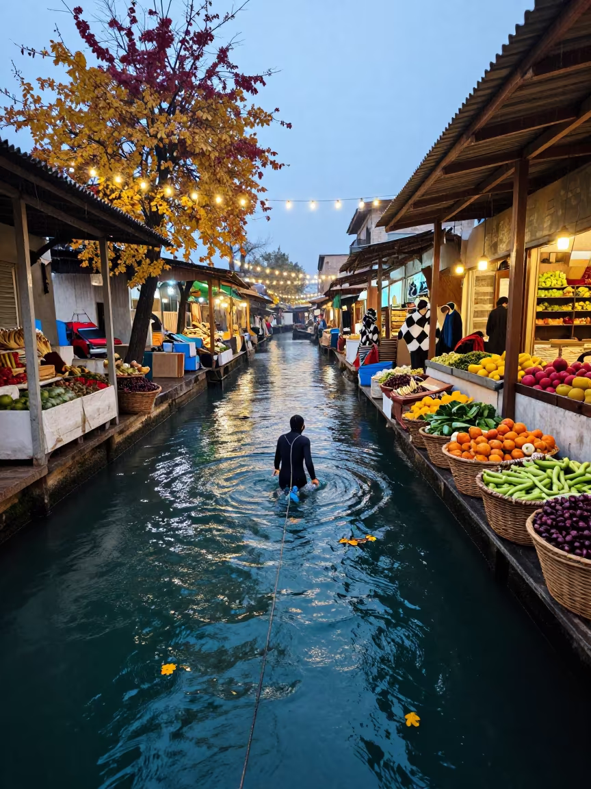 Freediver Rope Descent Autumn Market Lane in along a market lane in Menouf