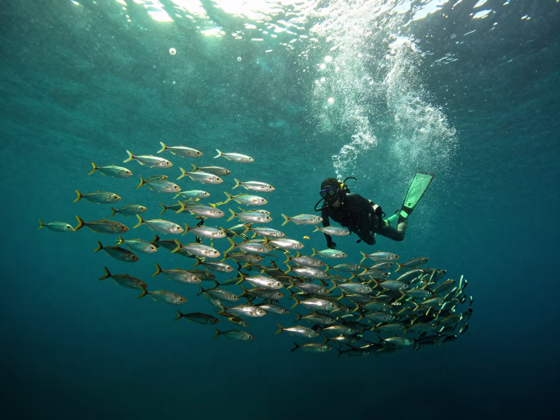 Freediver Amidst Swirling Bait Ball Off Catalonia in beside a volcanic drop-off in Catalonia