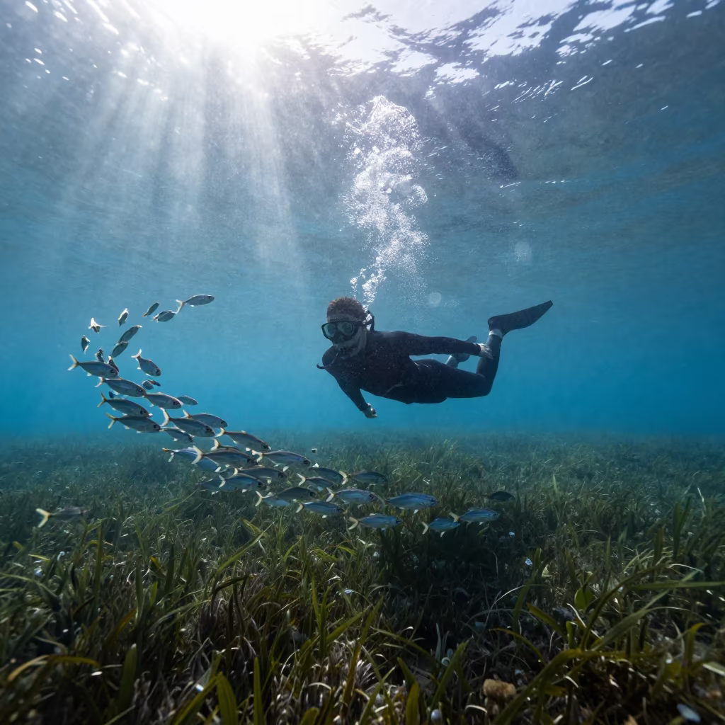 Freediver Swirling Bait Ball Seagrass New Zealand in above a seagrass meadow in New Zealand
