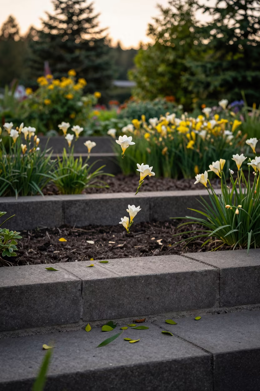 Freesia Spray Floating in Nova Scotia Garden Sunset in among terraced garden plots in Nova Scotia