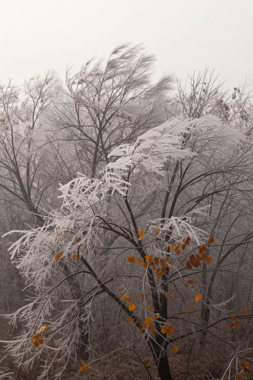 Freezing Rain Crystallizes Autumn Forest Near Lucknow in through low marine fog near Lucknow