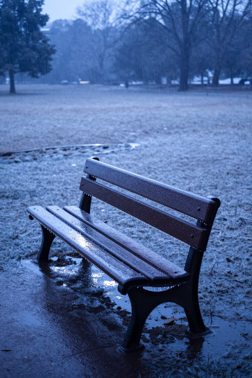 Freezing Rain Bench Silhouette Evening in across a storm-bright plain in Andhra Pradesh