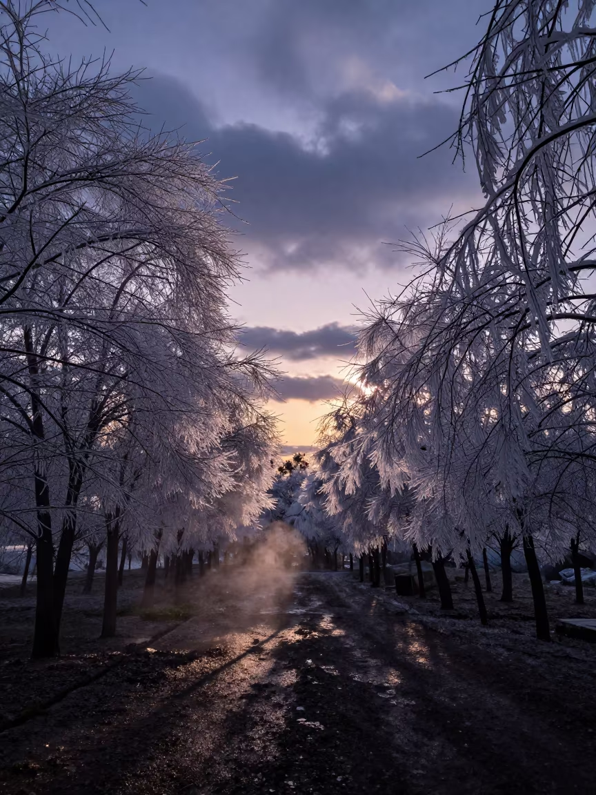 Freezing Rain Coats Aqaba Forest in Indigo Twilight in beneath fast-moving cloud bands near Aqaba