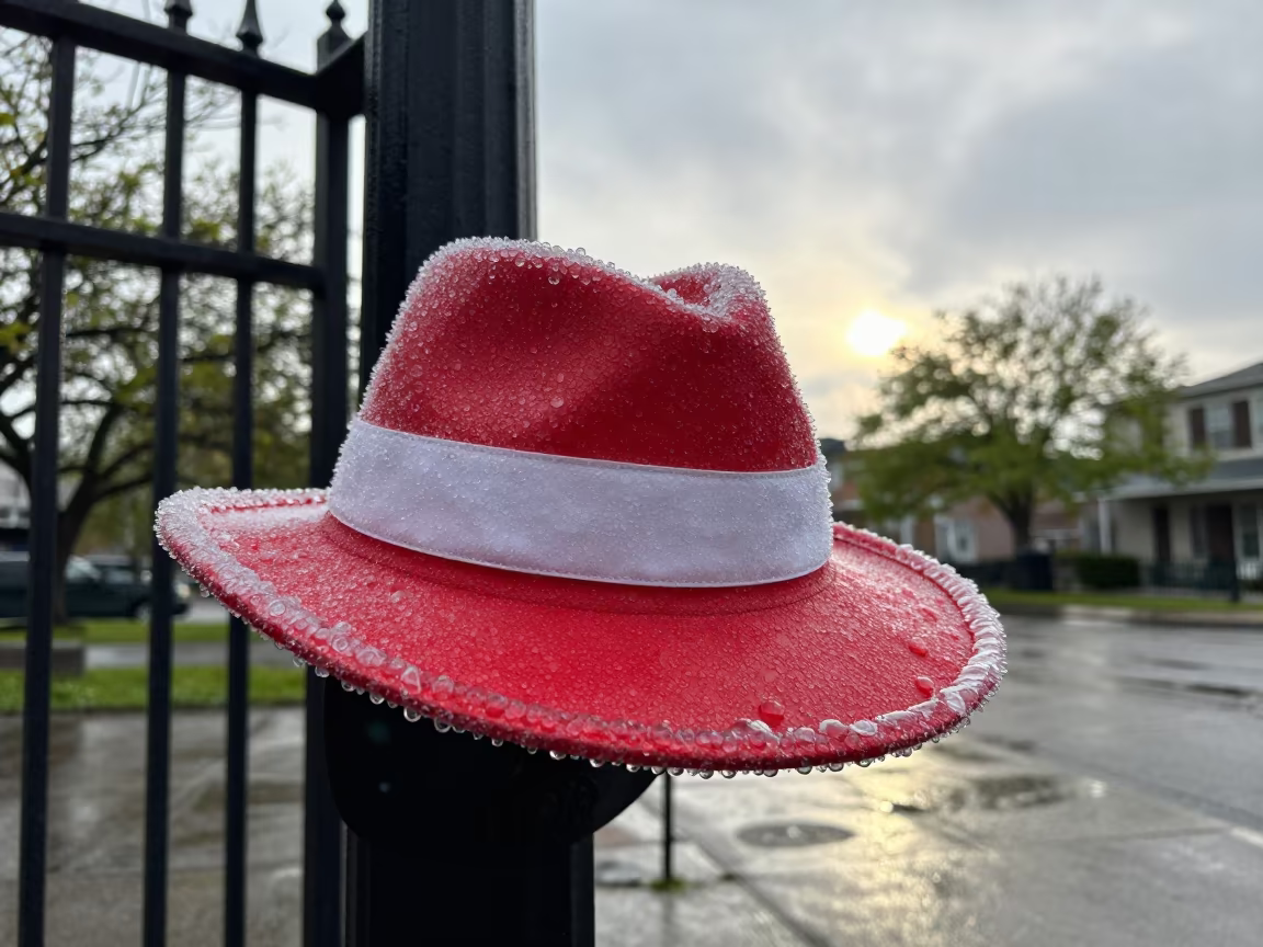 Freezing Rain Coats Cross Guard Hat Rim in at a crosswalk by a school gate in Marigny, New Orleans