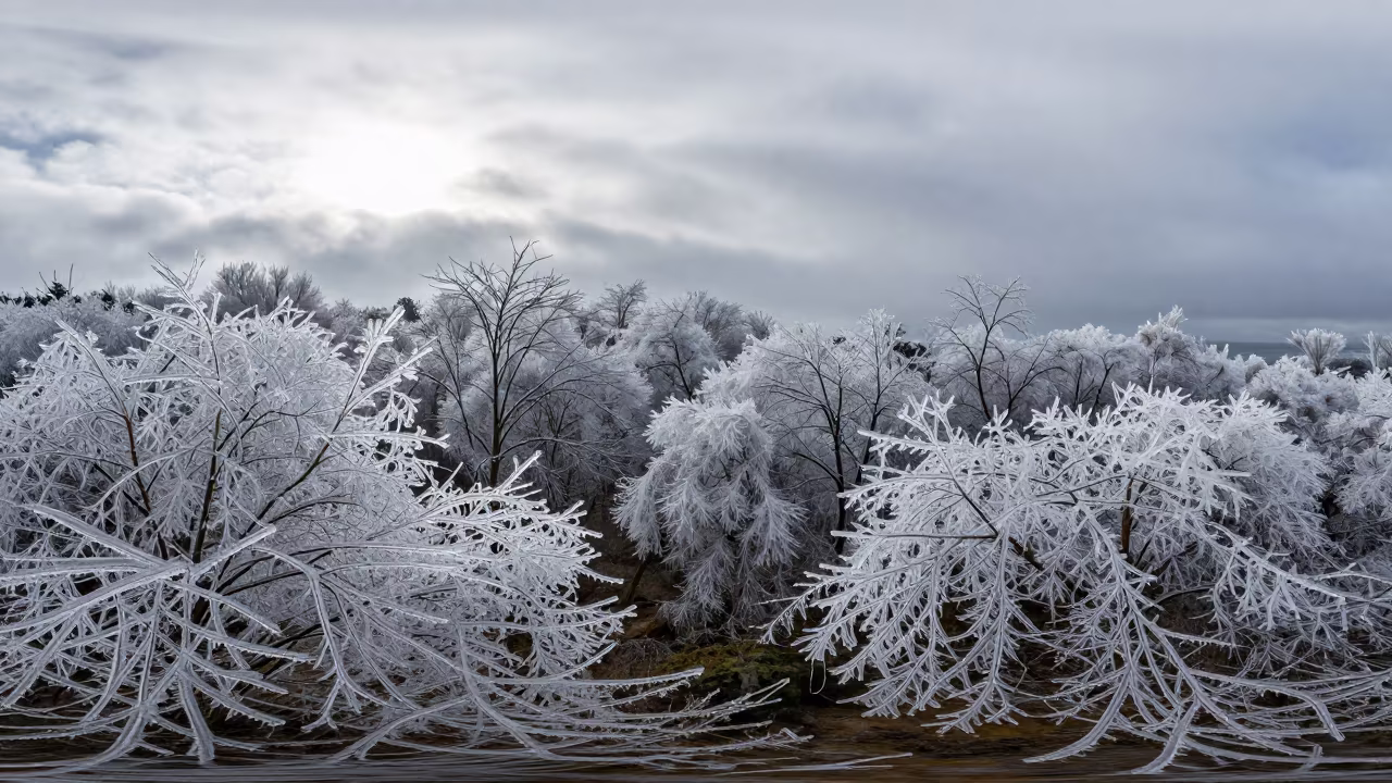 Freezing Rain Coats Forest in Crystal Under Getafe Clouds in beneath fast-moving cloud bands near Getafe