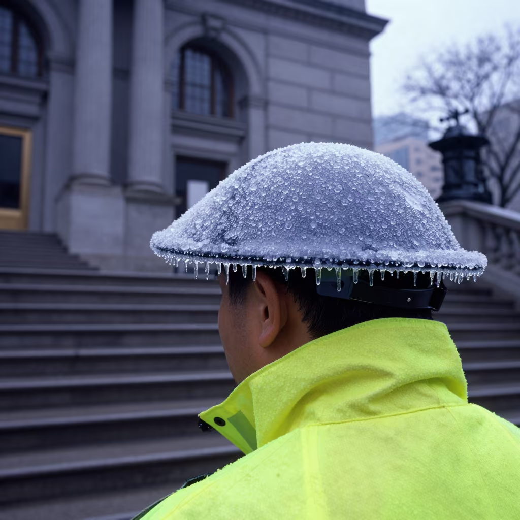 Freezing Rain on Crossing Guard Hat Rim at Dawn in on the steps of city hall in Hong Kong