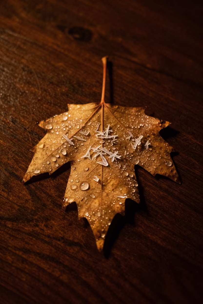 Freezing Rain Droplets on Leaf at Night Desk in on a writing desk in Phoenix