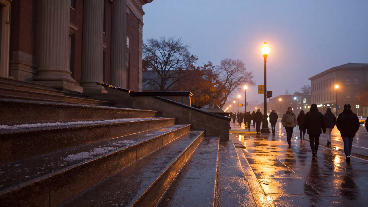 Freezing Rain Glaze on Crossing Guard Hat at Kimberley City Hall in on the steps of city hall near Kimberley