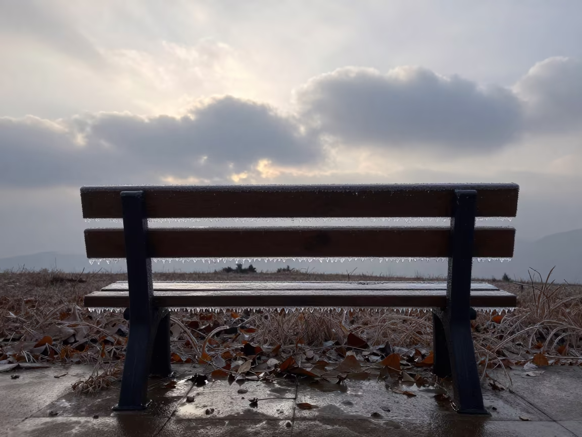 Freezing Rain Glazed Park Bench Dawn Yunnan in across a storm-bright plain in Yunnan