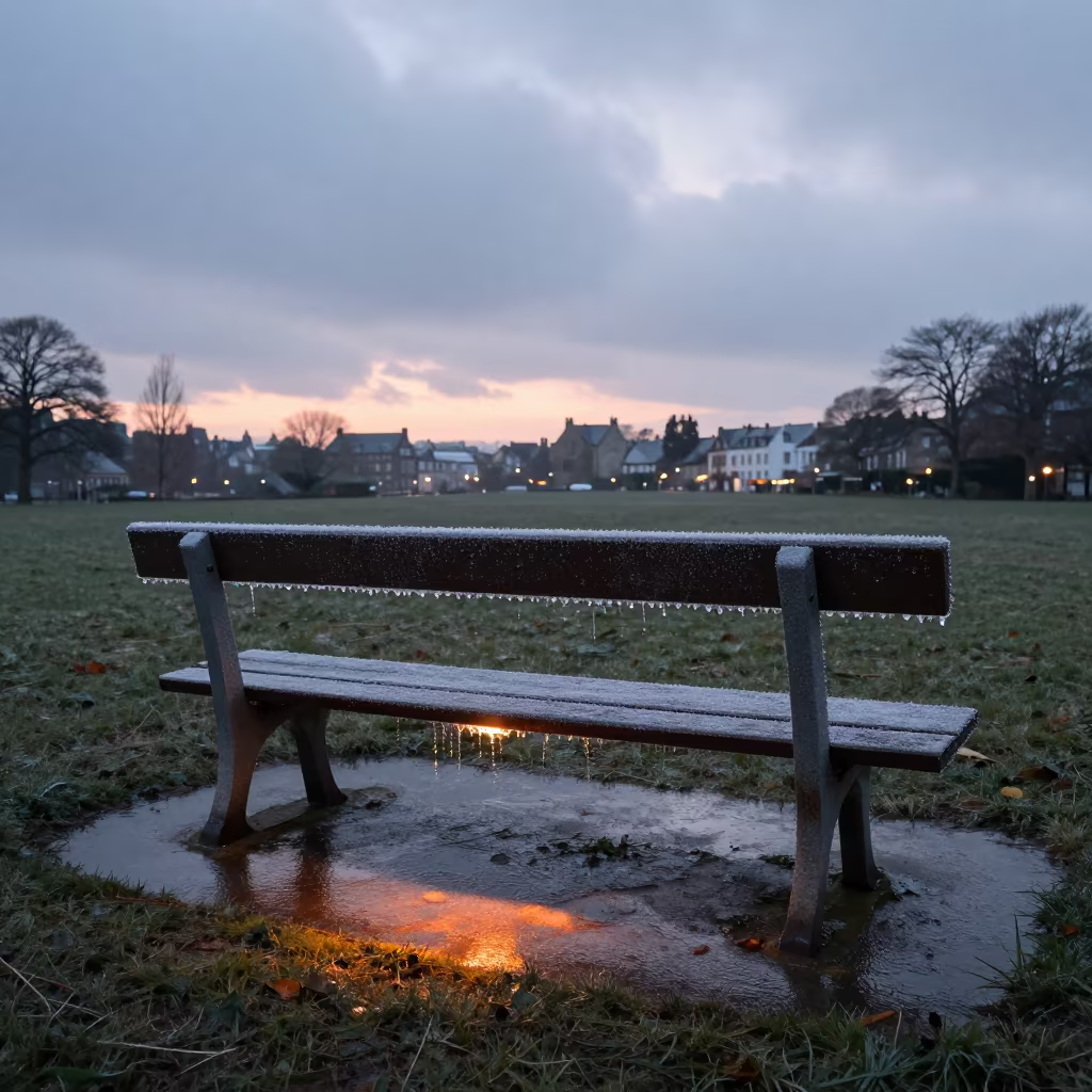 Freezing Rain Glazes Brittany Park Bench in in Brittany