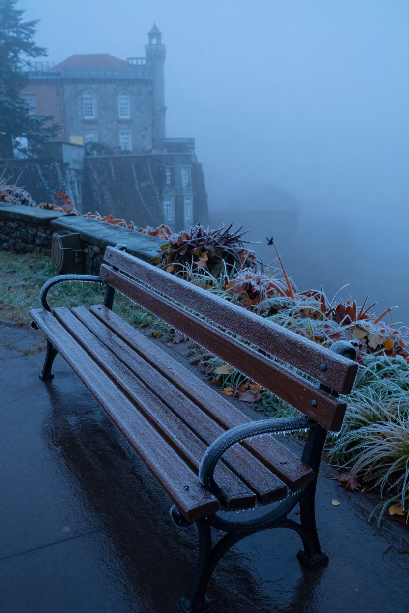 Freezing Rain Glazing Sintra Park Bench in through low marine fog near Sintra