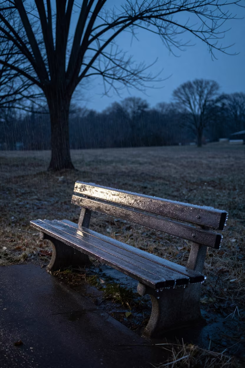 Freezing Rain Park Bench Kentucky Evening in across a storm-bright plain in Kentucky