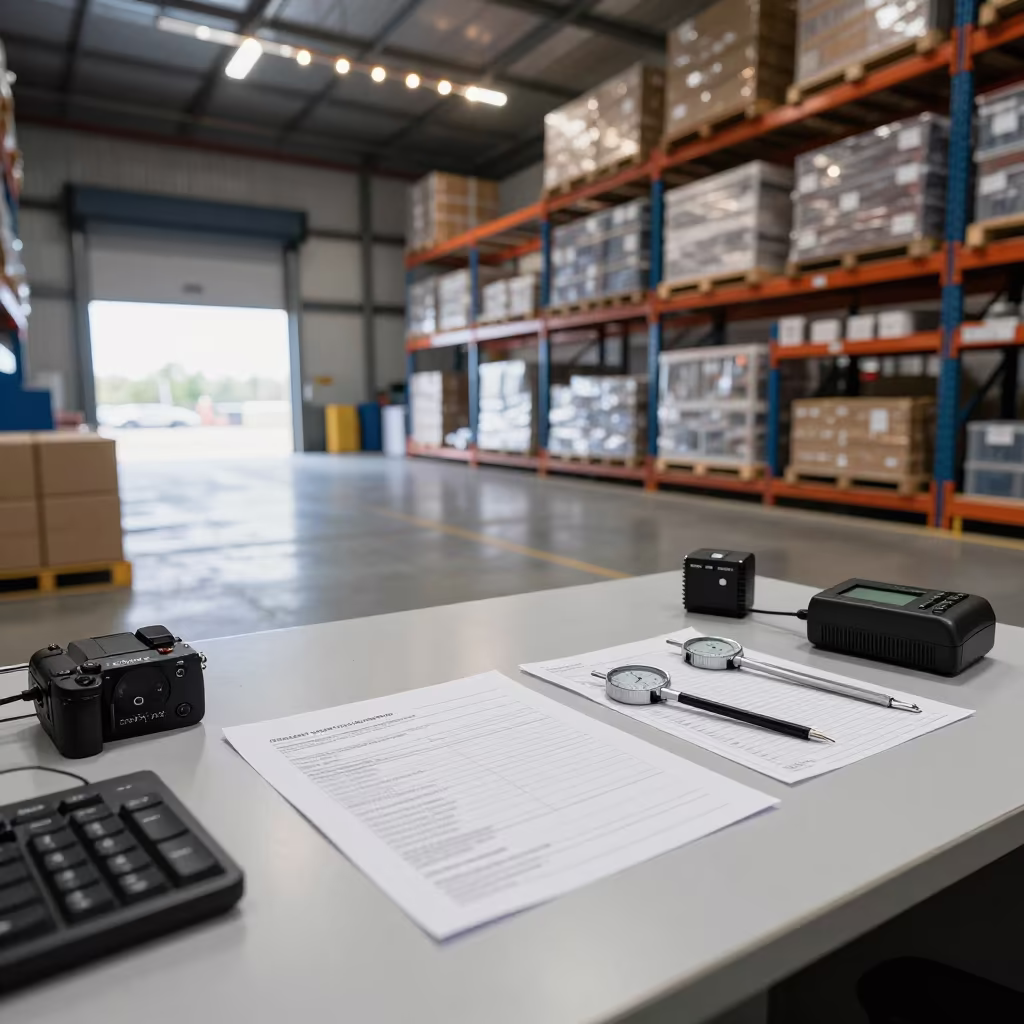 Freight Claim Desk with Forms and Gauges in Mzuzu Warehouse in along inventory racks under cool warehouse light near Mzuzu