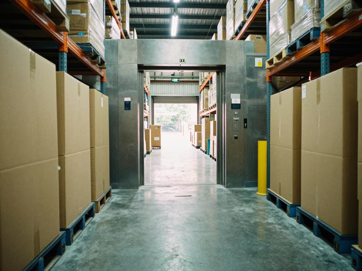 Freight Elevator Lobby Stacked with Logistics Inventory in inside a warehouse aisle in Incheon