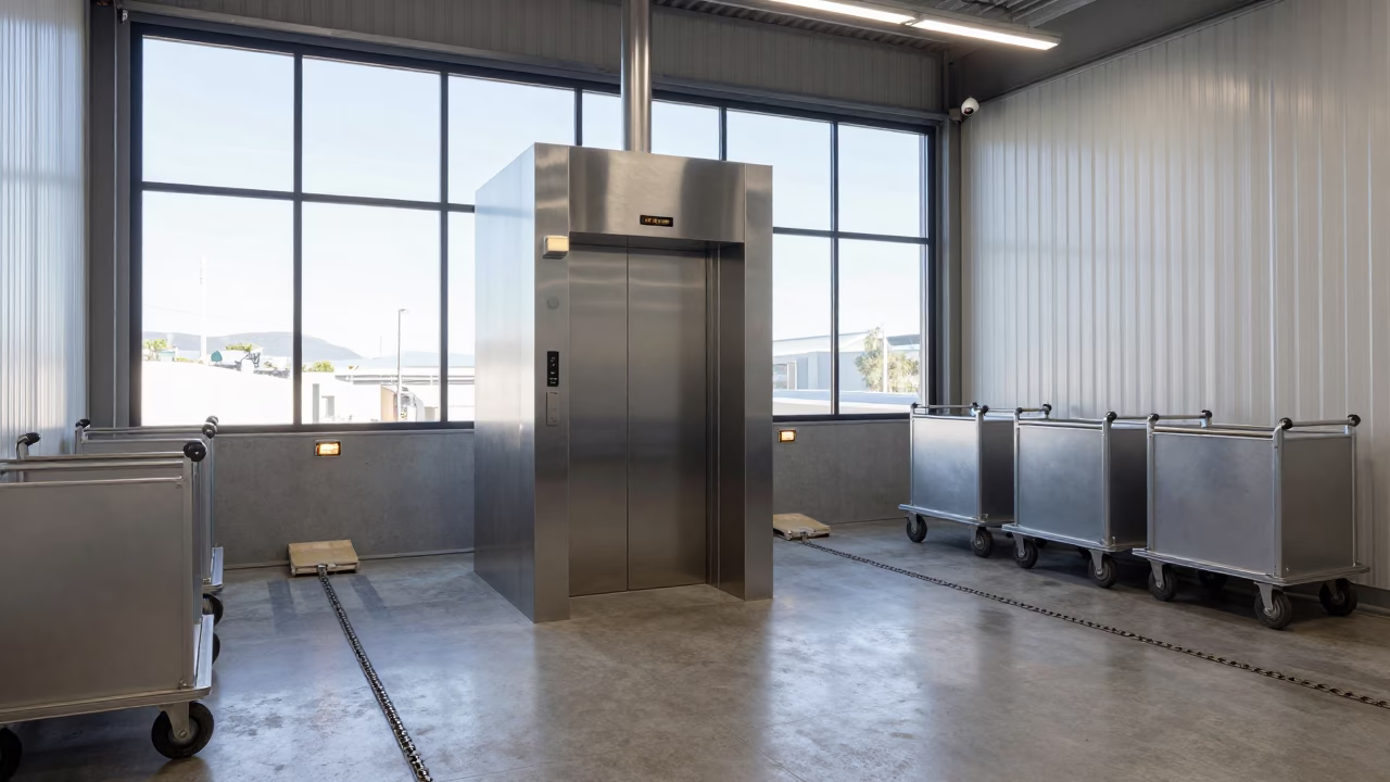 Freight Elevator Lobby Waiting Carts Late Afternoon Light in inside a warehouse aisle near Muizenberg, Cape Town