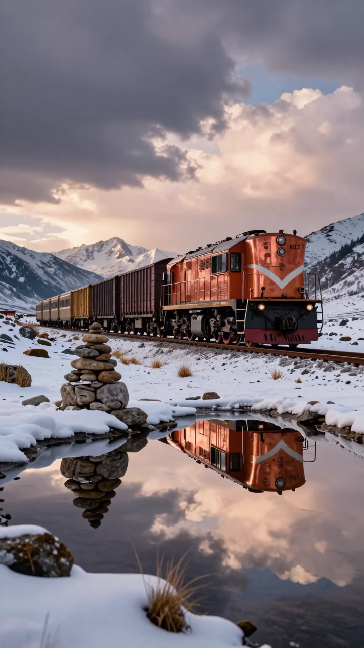 Freight Locomotive in Copper Light Near Thimphu Summit in beside a summit cairn above the tree line near Thimphu